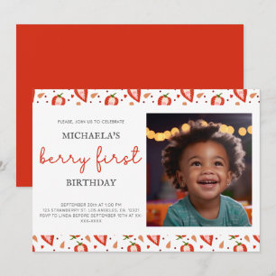 Convite Foto Vermelha branca e branca, Berry Primeiro Aniv