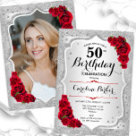 Convite Foto Vermelha Elegante 50º Aniversário<br><div class="desc">Elegante convite floral feminino de 50 anos com sua foto no final do cartão. Design com falso brilho de prata. Possui faixas prateadas, rosas vermelhas, fontes de script e confetti. Perfeito para uma festa de comemoração de na moda adulto. Personalize com seus próprios detalhes. Pode ser personalizado para qualquer idade!...</div>