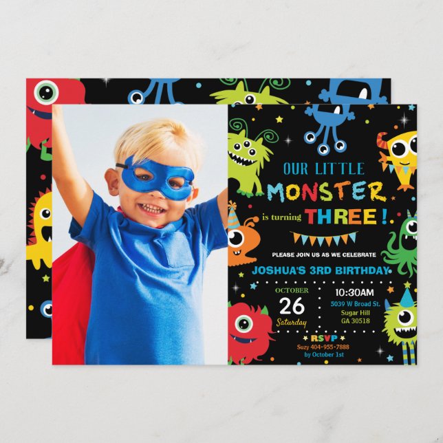 Convite Foto vibrante de primeiro aniversario de Monstro B (Frente/Verso)