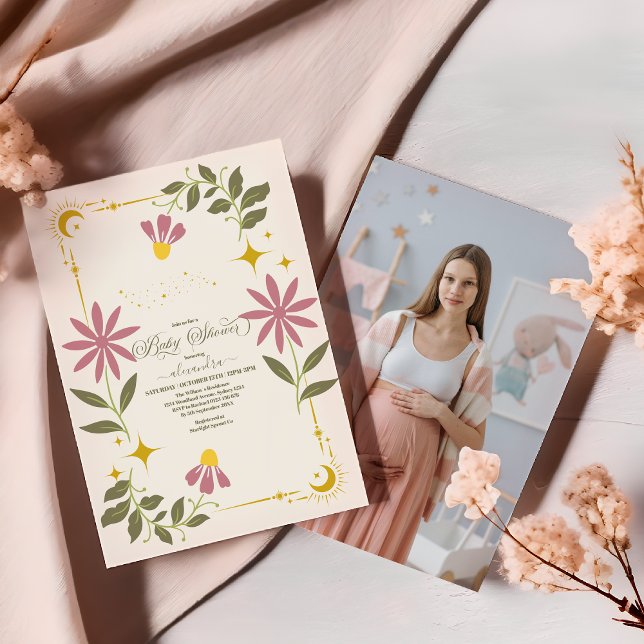 Convite Foto Vintage Chá de fraldas Botânico Celestial (Criador carregado)