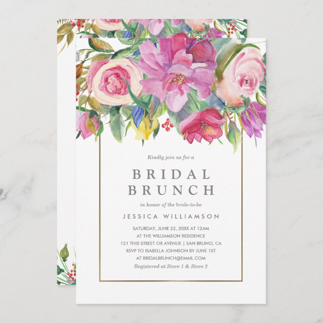 Convite Foto: Watercolor Floral Bridal Brunch (Frente/Verso)