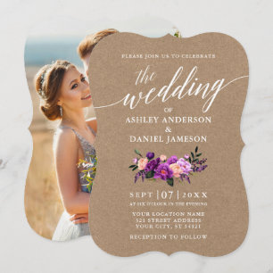 Convite Foto Wedding floral roxa de Kraft da caligrafia