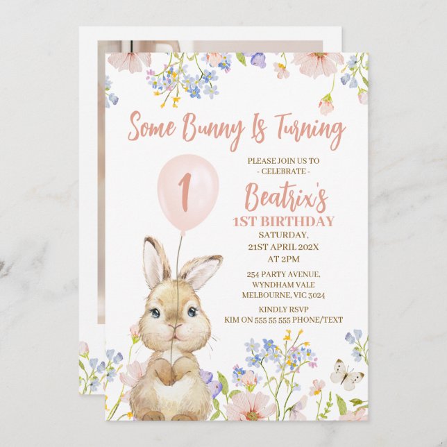 Convite Foto: Wildflower Some Bunny primeiro aniversario (Frente/Verso)