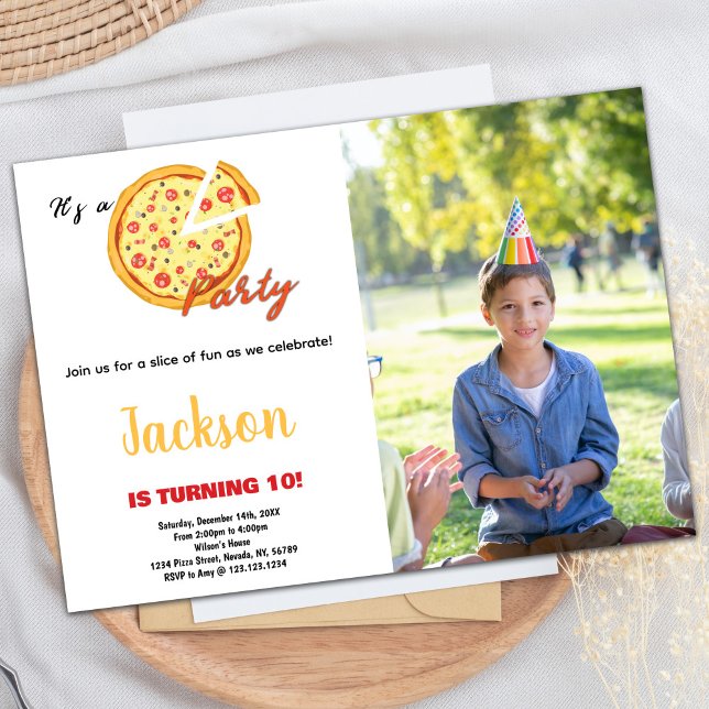 Convite Foto Yellow Orange White Pizza Birthday (Photo Yellow Orange White Red Pizza Birthday Invitation)