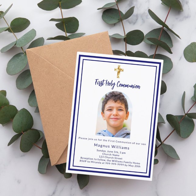 Convite Fotografia azul marinho cruz Primeira Comunhão San (Criador carregado)