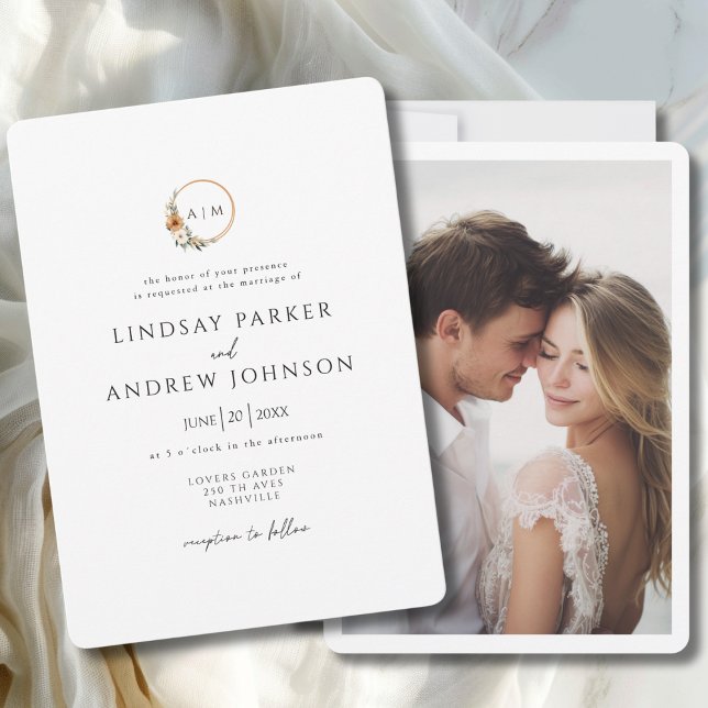 Convite Fotografia Botânica Terrosa de Cobre com Monograma (Elegant Monogram Copper Earthy Botanical Photo Invitation)