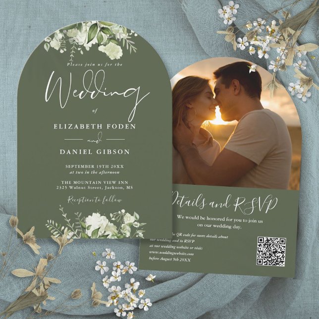 Convite Fotografia de Arco de Código QR Verde Oliva Vegeta (Greenery Olive Green QR Code Photo Arch Wedding Invitation)