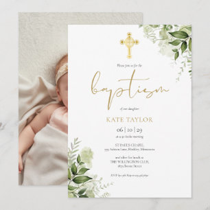 Convite Fotografia de Batismo Floral Verde Água Dourada