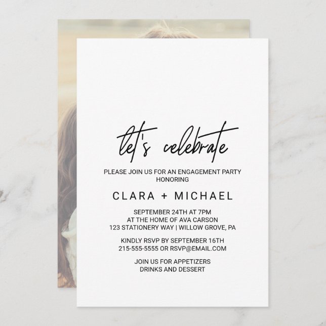 Convite Fotografia de Caligrafia Caprichosa Vamos Celebrar (Frente/Verso)