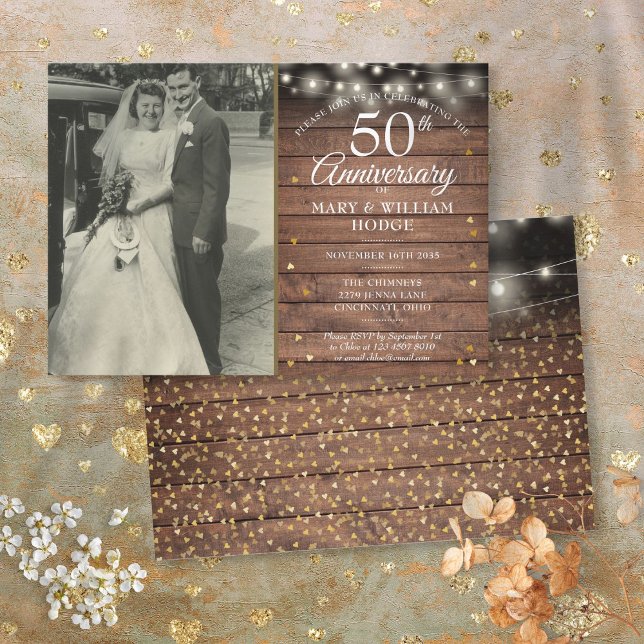Convite Fotografia de casamento com corações de ouro rústi (50th Anniversary Rustic Gold Hearts Wedding Photo Invitation)