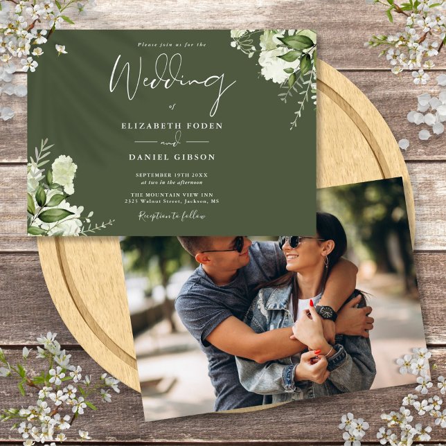 Convite Fotografia de casamento de verde botânico Oliva (Olive Green Botanical Greenery Photo Wedding Invitation)