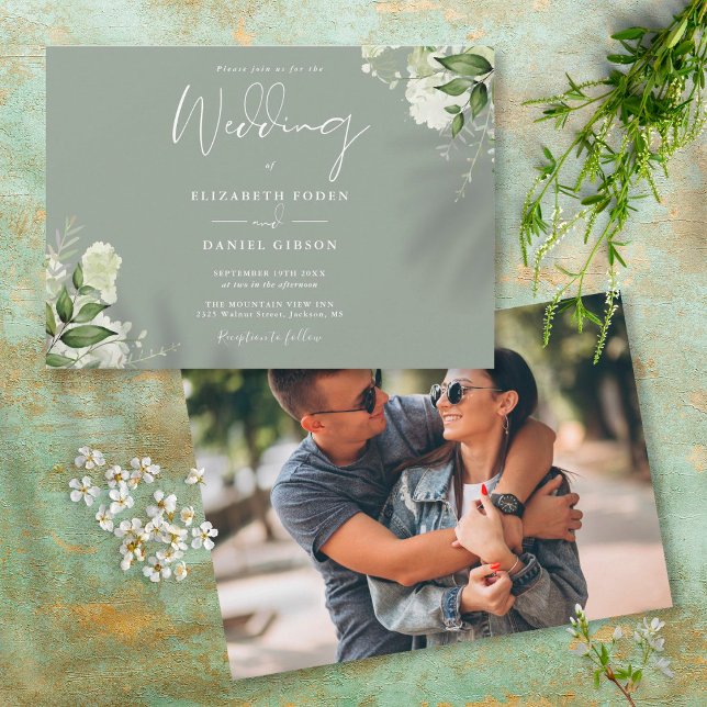 Convite Fotografia de casamento de verde botânico Sage Gre (Criador carregado)