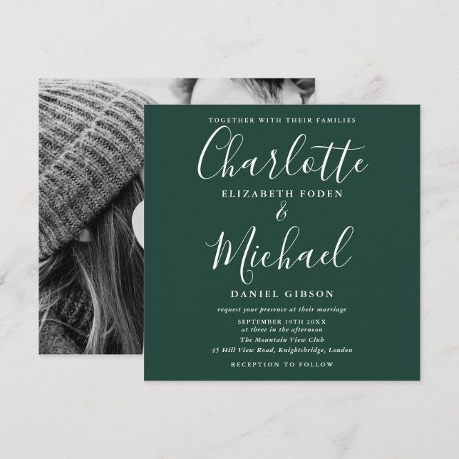 Convite Fotografia de casamento em esmeralda verde com let (Frente/Verso)
