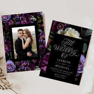 Convite Fotografia de casamento floral roxa gótica mal-hum