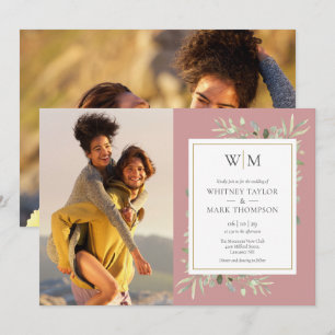 Convite Fotografia de casamento Monograma Verde Rosa Pó