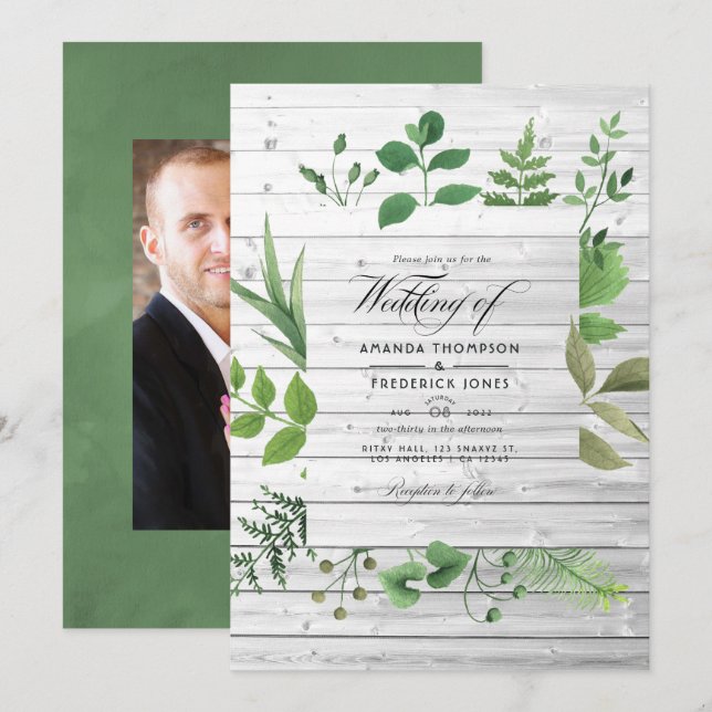 Convite Fotografia de casamento rústico com vegetação da f (Frente/Verso)