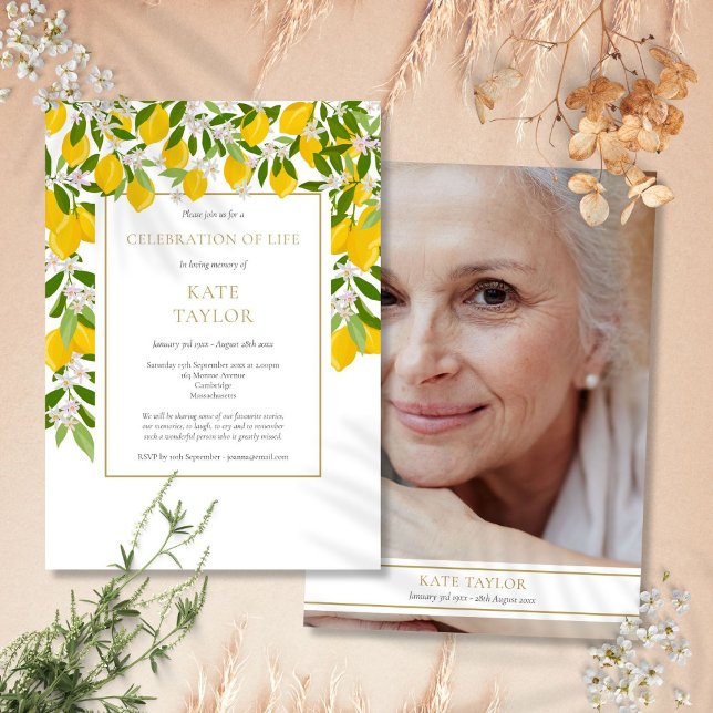 Convite Fotografia de Funeral de Celebração de Vida com Li (Lemons Blossom Photo Funeral Celebration of Life Invitation)