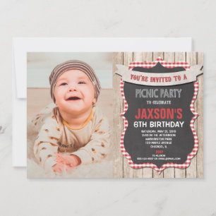 Convite Fotografia de gingham branco vermelho no aniversár