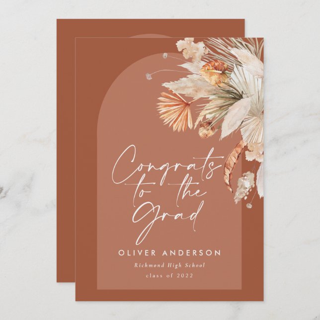 Convite Fotografia de gradução terracotta pampas botânica (Frente/Verso)