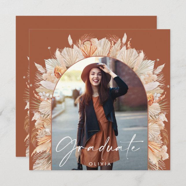 Convite Fotografia de gradução terracotta pampas botânica (Frente/Verso)