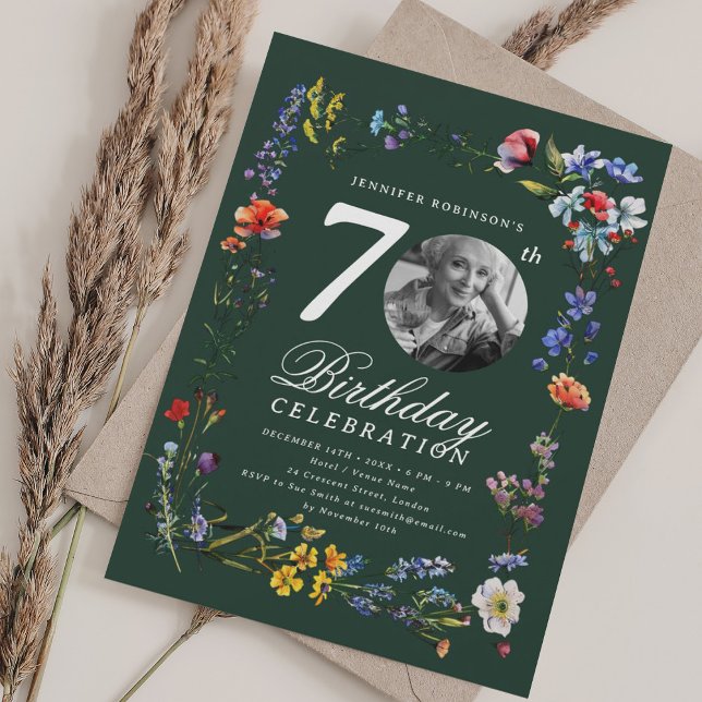 Convite Fotografia de Prado de Flores Silvestres para Fest (Wildflower Meadow Photo 70th Birthday Party Green Invitation)