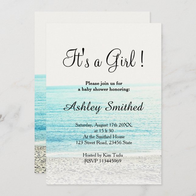 Convite fotografia de praia chá de fraldas de meninas mode (Frente/Verso)