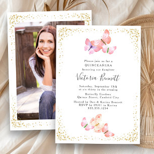 Convite Fotografia de Quinceanera com Borboleta em Aquarel