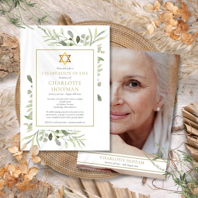 Convite Fotografia de Verde da Celebração Judaica da Vida  (Jewish Celebration of Life Funeral Greenery Photo Invitation)