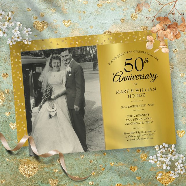 Convite Fotografia do casamento com folha de ouro do 50º a (50th Anniversary Gold Foil Wedding Photo Invitation)
