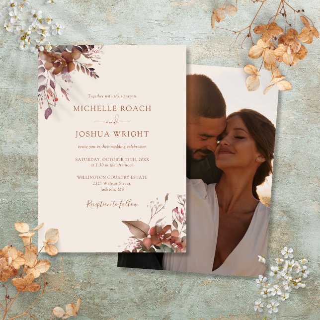 Convite Fotografia Floral de Outono Rústico para Casamento (Rustic Autumn Fall Floral Photo Wedding Invitation)