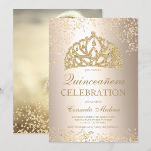 Convite fotografia metálica com brilho dourado tiara Quinc