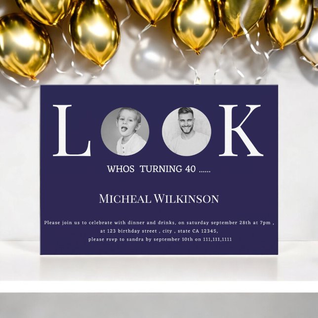 Convite fotografia moderna cujo aniversário azul de 40 mar (40th birthday,40th birthday party,adult,photo,funny,elegant 40th birthday,simple 40th )