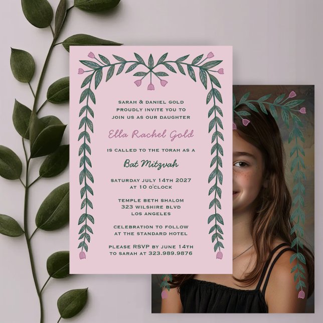 Convite Fotografia Personalizada com Quadro Floral Bat Mit (Floral Frame Custom Photo Bat Mitzvah Girl Invitation
)