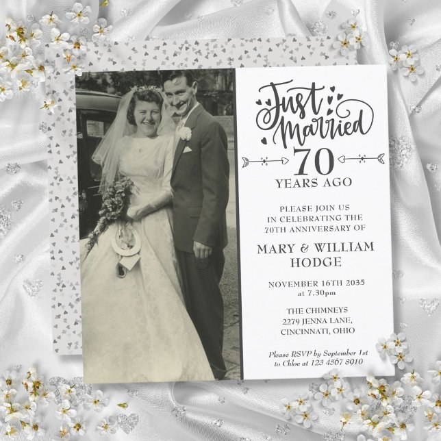 Convite Fotografia Quadrada de Casamento no 70º Aniversári (70th Anniversary Just Married Wedding Photo Square Invitation)