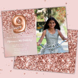 Convite Fotografia Rosa Dourada Kids Girl 9ª Festa de aniv<br><div class="desc">Foto rosa gold 9º convite de aniversário para uma garota de 9 anos com escrevendo elegante de roteiro e balões de folha de papel divertida.</div>