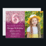 Convite Fotografias 6 Kids Magenta Rosa-Rosa-Brilhante Ani<br><div class="desc">6 de Foto Aniversário Convite Girly Magenta e 6 Rosa Glitter convite de aniversário para uma menina de 6 anos com moderno roteiro escrevendo e balões de folha divertida.</div>