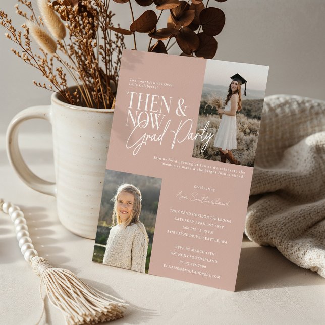 Convite Fotografias Mínimas Modernas e Agora Festas de for (Modern Minimal Then & Now Graduation Party Photos Pink Invitation)