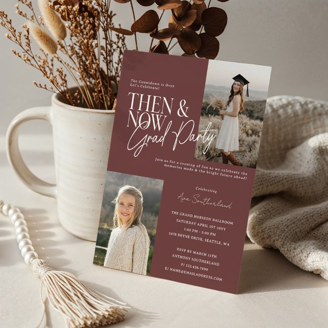 Convite Fotografias Mínimas Modernas e Agora Festas de for (Modern Minimal Then & Now Graduation Party Photos Burgundy Invitation)