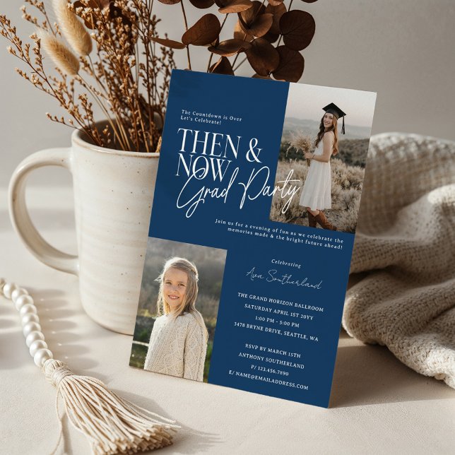 Convite Fotografias Mínimas Modernas e Agora Festas de for (Modern Minimal Then & Now Graduation Party Photos Blue Invitation)