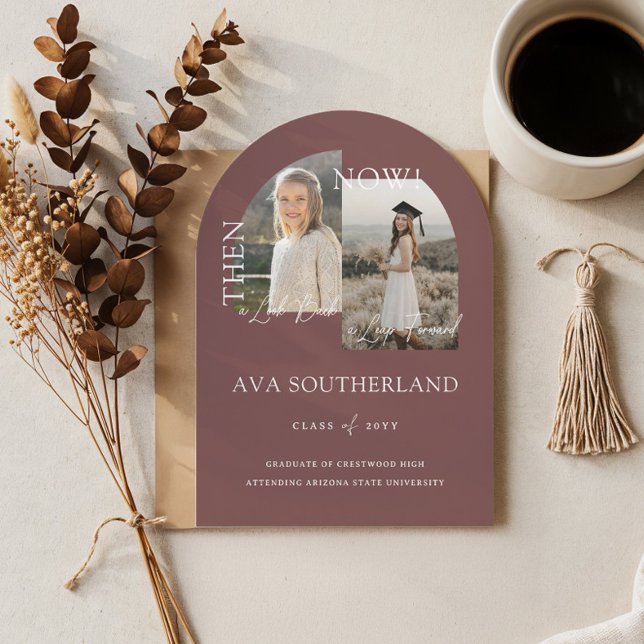 Convite Fotografias Mínimas Modernas e Agora Festas de for (Modern Minimal Then & Now Graduation Party Photos Invitation)