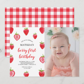 Convite Fotográfico Berry First Birthday Strawberr