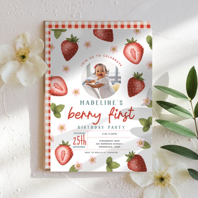 Convite Fotográfico Berry First Birthday Strawberr (Criador carregado)