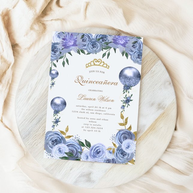 Convite Fotográfico Blue Royal Floral Quinceanera (Criador carregado)