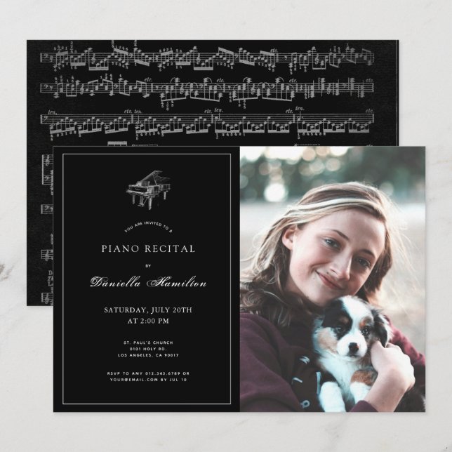 Convite Fotográfico Clássico para Piano Preto (Frente/Verso)
