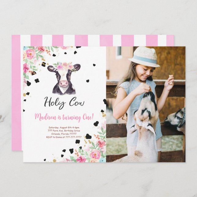 Convite Fotográfico de aniversário de vaca santa (Frente/Verso)