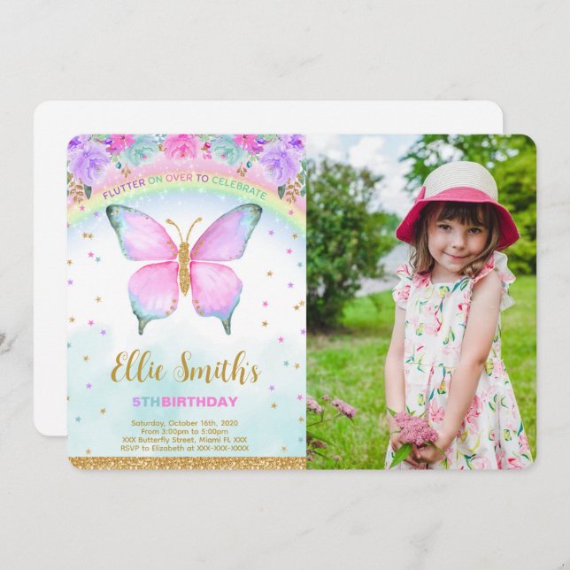 Convite Fotográfico de Aniversário para Borboleta  (Frente/Verso)