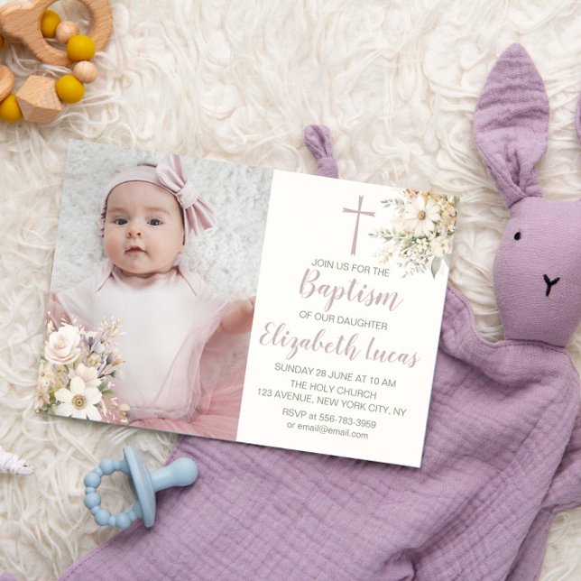 Convite Fotográfico de Batismo para Menina Floral (Cute Floral Baby Girl Baptism Photo Invitation)