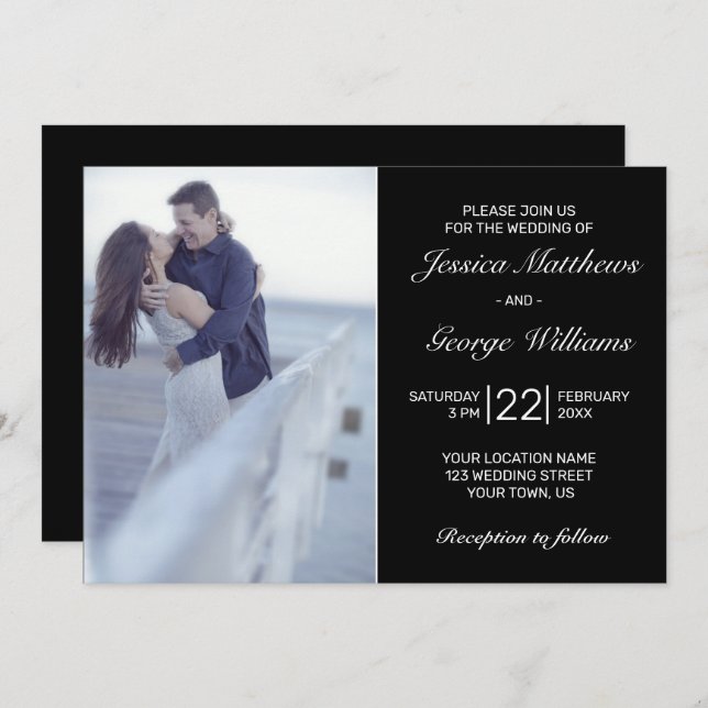 Convite Fotográfico de Casamento Negro Minimalista (Frente/Verso)