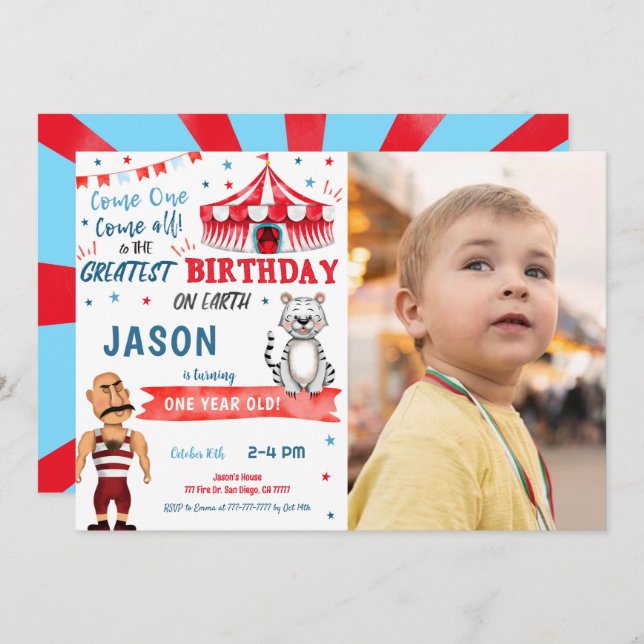 Convite Fotográfico de Circo Azul e Vermelho Cor d (Frente/Verso)