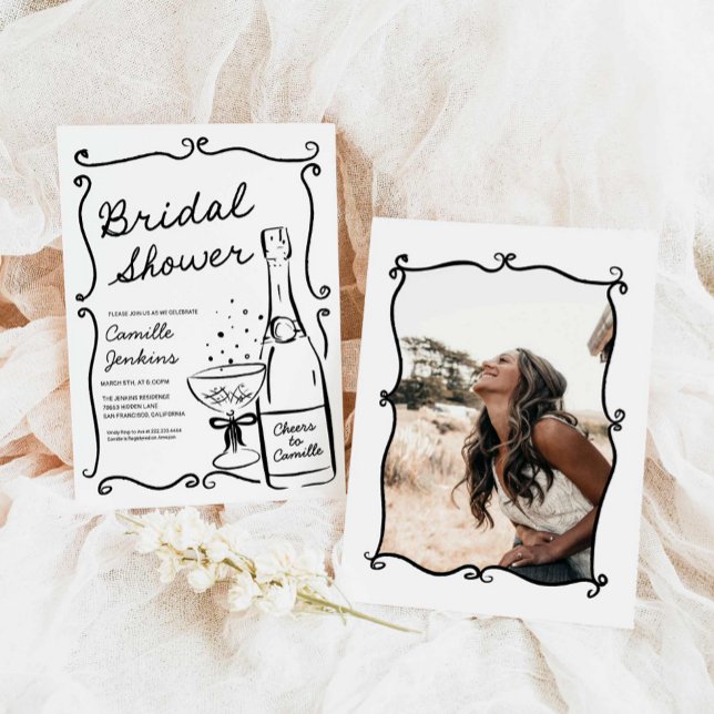 Convite Fotográfico Desenhado à Mão do Chá de pane (Hand Drawn Bubbly Bridal Shower Photo Invitation)
